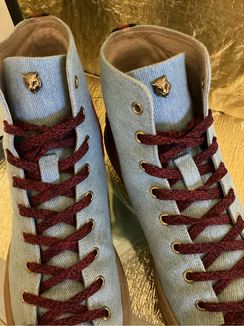 Gucci Light Blue Denim High-Top Sneakers with Red, Gold, Silver Accents